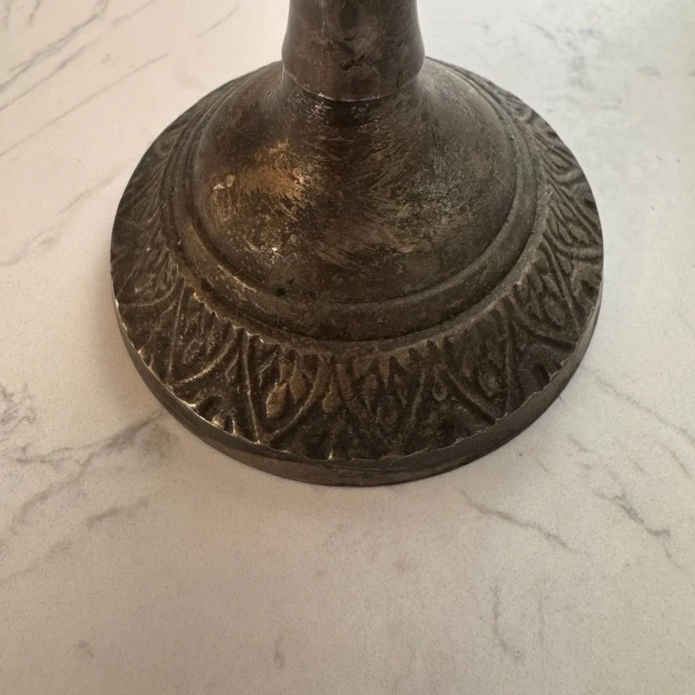 Vintage Brass Tone Hanukkah Menorah Ornate Scroll Design Judaica Candelabra